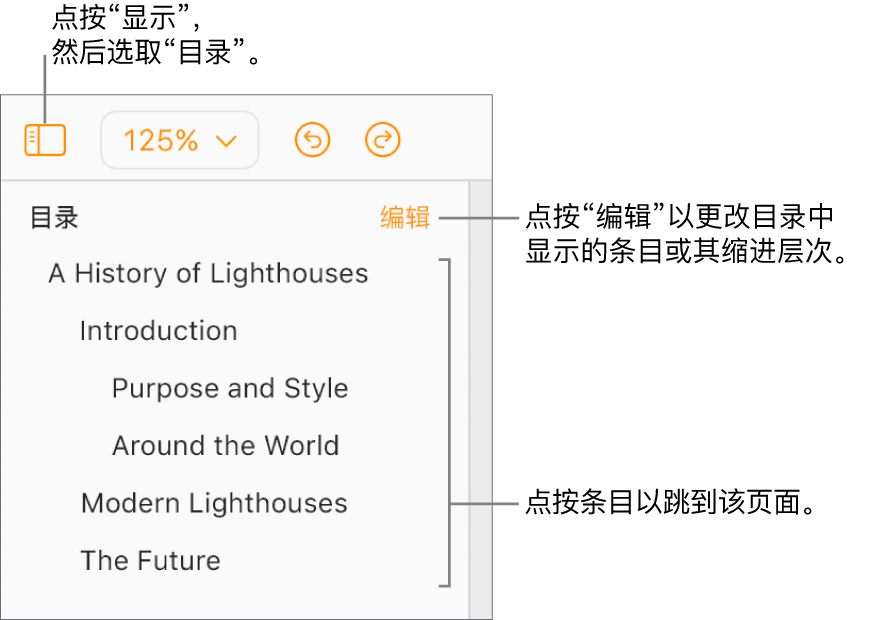 左侧边栏中的目录处于打开状态，其中包含文稿标题和五个其他标题的条目。