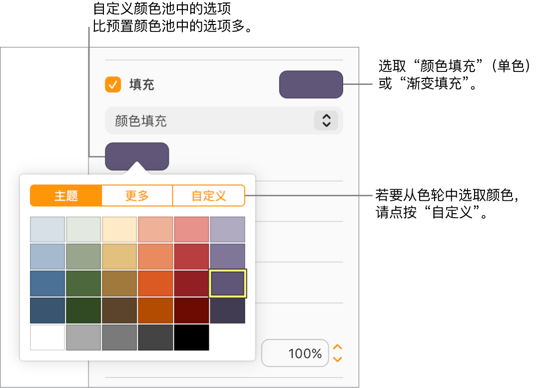 “颜色填充”在“填充”复选框下方的弹出式菜单中处于选中状态，弹出式菜单下方的颜色池显示其他颜色填充选项。