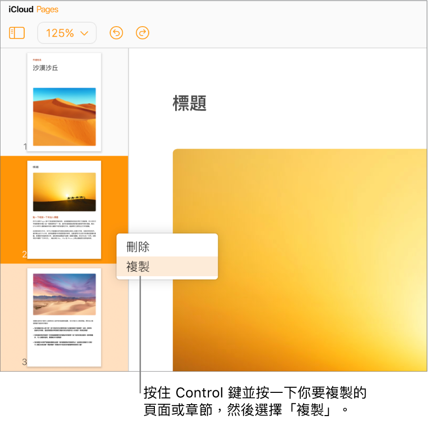 多頁面文書處理文件位於左側邊欄的頁面縮覽圖，選取的頁面以深橘色反白顯示，同一章節中的另一頁面則以淺橘色反白顯示。彈出式選單內有「刪除」或「複製」所選章節的選項。