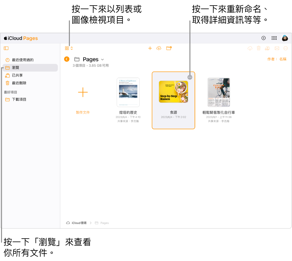 瀏覽顯示方式下的文件管理器，在格狀中以圖像顯示 Pages 文件。可以在選取文件的右上角看到「更多」按鈕（三個點）。在文件上方，工具列的左側有一個彈出式選單，你可以在其中選擇以圖像或列表方式來檢視項目。工具列的右側是下載、合作、傳送電子郵件或刪除的按鈕。