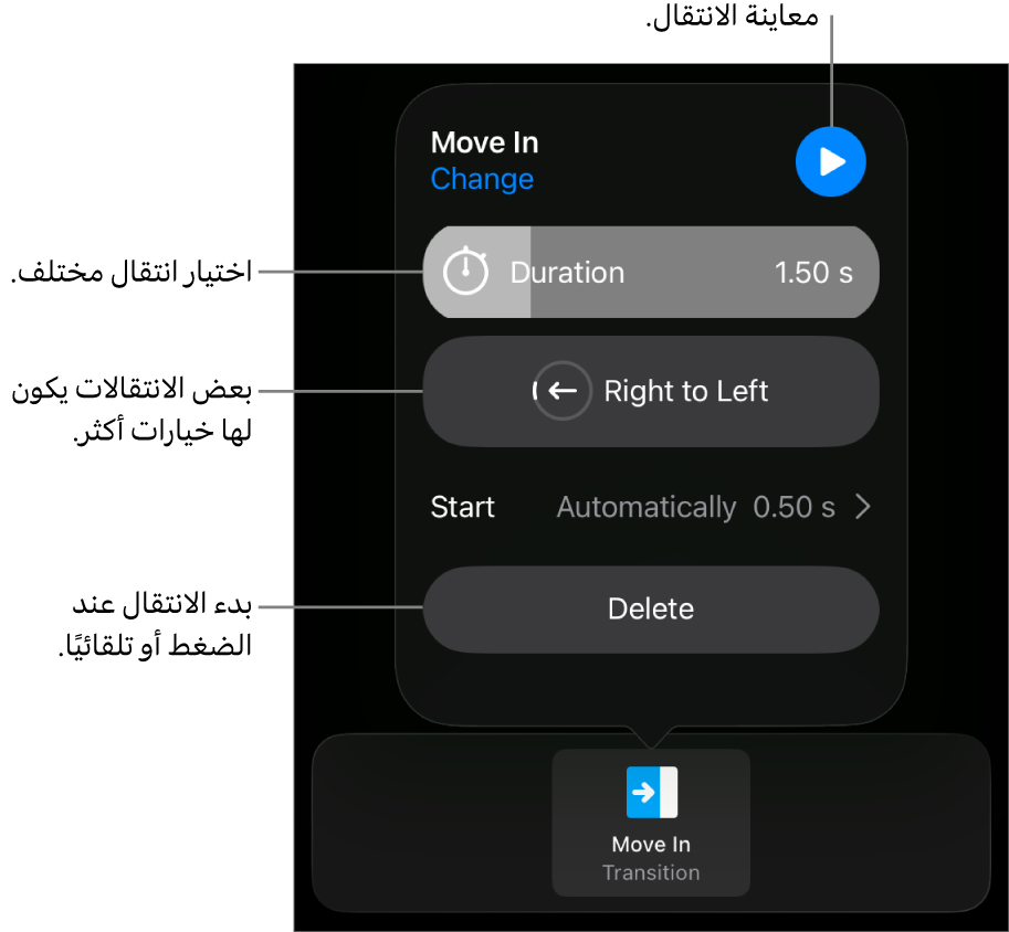 عناصر التحكم في جزء الخيارات لتعديل الانتقال.
