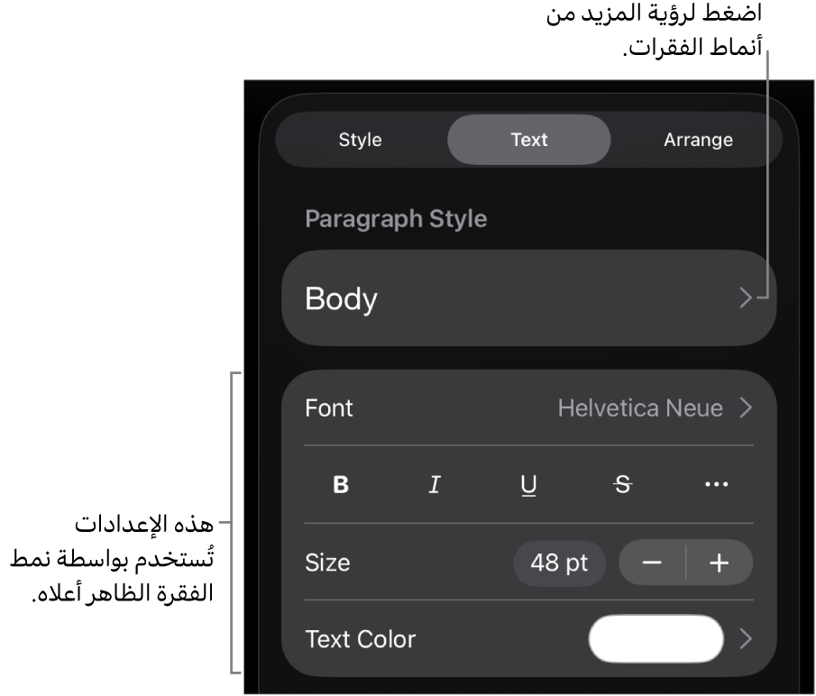 القائمة تنسيق تعرض عناصر التحكم في النص لإعداد أنماط الأحرف والفقرات والخط والحجم واللون.