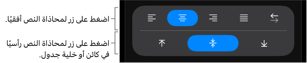 أزرار المحاذاة أفقيًا أو رأسيًا للنص.