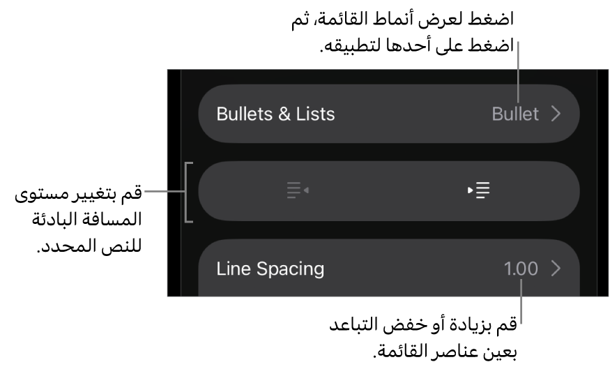 قسم التعداد النقطي والقوائم في عناصر التحكم في التنسيق مع وسائل شرح للتعداد النقطي والقوائم وزرا مسافة بادئة يسار ومسافة بادئة يمين وعناصر التحكم في تباعد الأسطر.