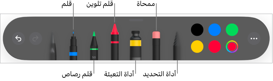 شريط أدوات الرسم وبه قلم وقلم رصاص وقلم تلوين وأداة تعبئة وممحاة وأداة تحديد وعلبة ألوان تعرض اللون الحالي.