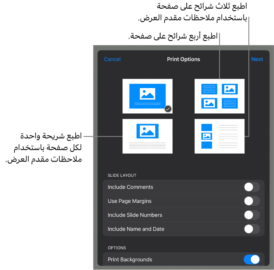 طباعة خيارات التخطيط.