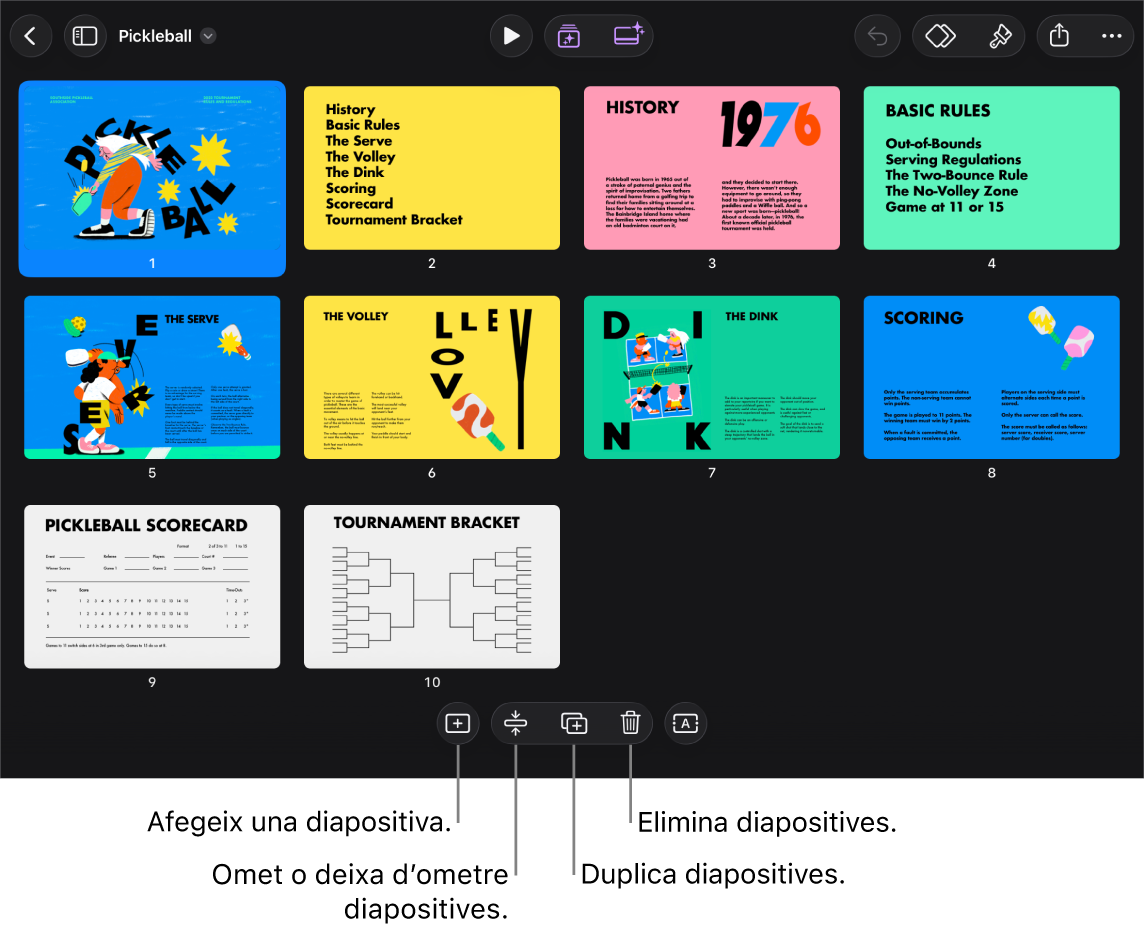Visualització en taula de llum amb botons a la part inferior de la pantalla per afegir, ometre, duplicar i eliminar diapositives, i per seleccionar diverses diapositives.