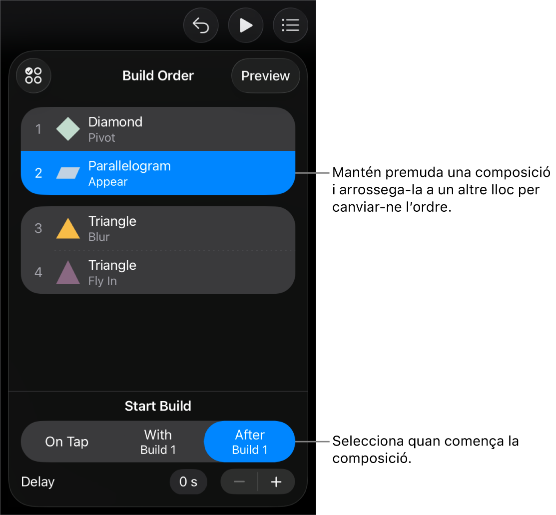 Llista “Ordre de la composició” on es mostren els efectes d’entrada amb distintius grocs i els efectes de sortida amb distintius grisos.
