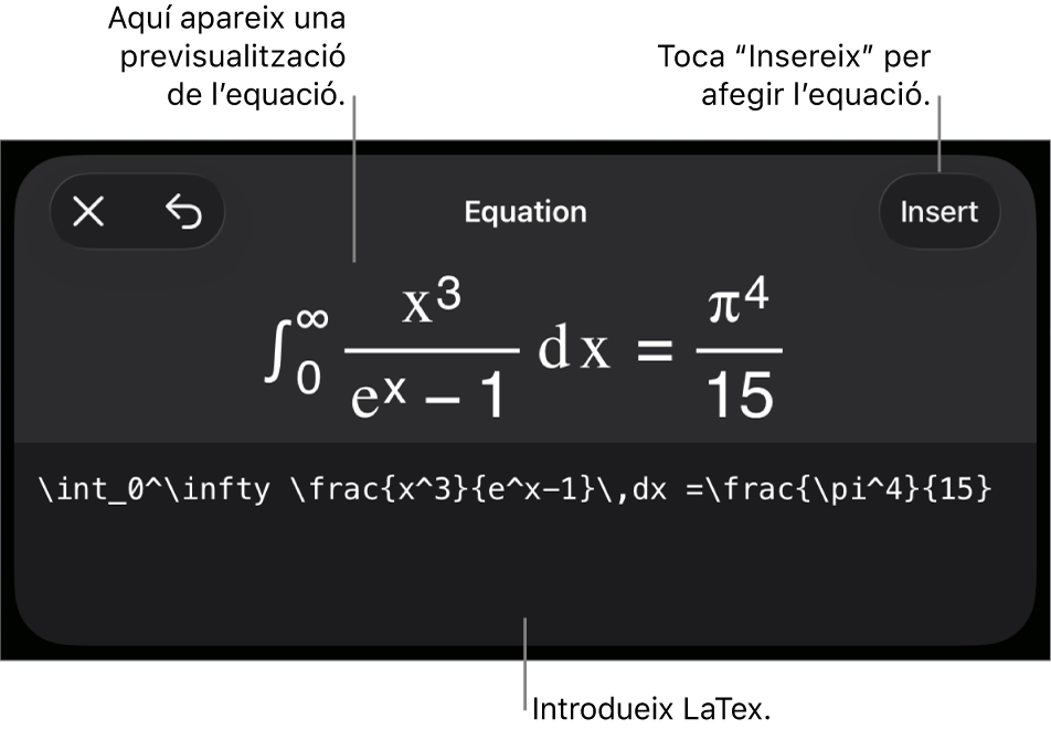 El quadre de diàleg Equació amb una equació escrita amb ordres LaTeX i una previsualització de la fórmula al damunt.