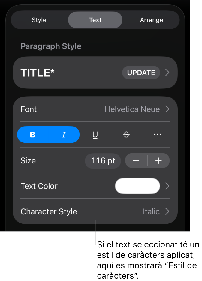 Els controls de format de text amb l’estil de caràcter a sota dels controls de color. L’estil de caràcter Cap amb un asterisc.