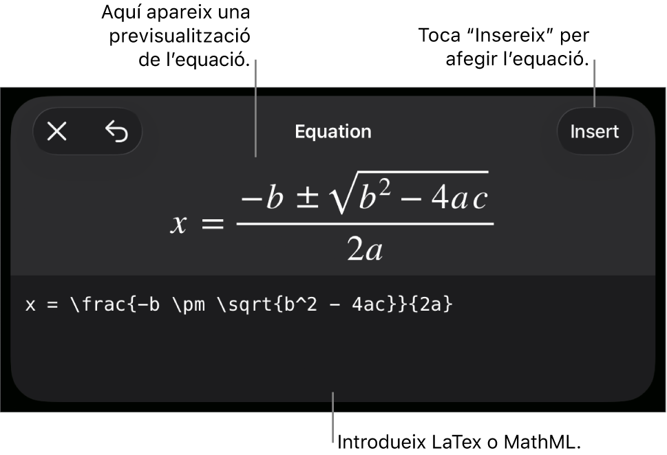 El quadre de diàleg Equació amb una equació escrita amb les ordres MathML i una previsualització de la fórmula al damunt.