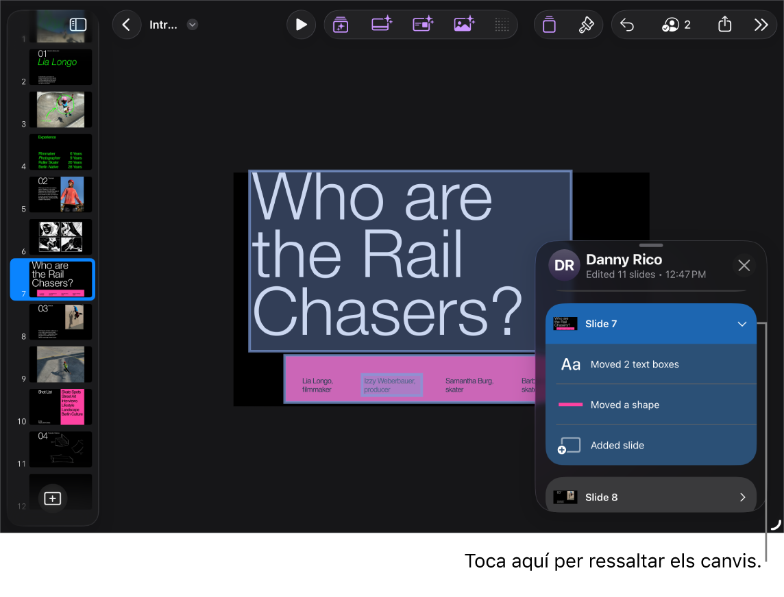 Presentació col·laborativa amb la llista d’activitat oberta.