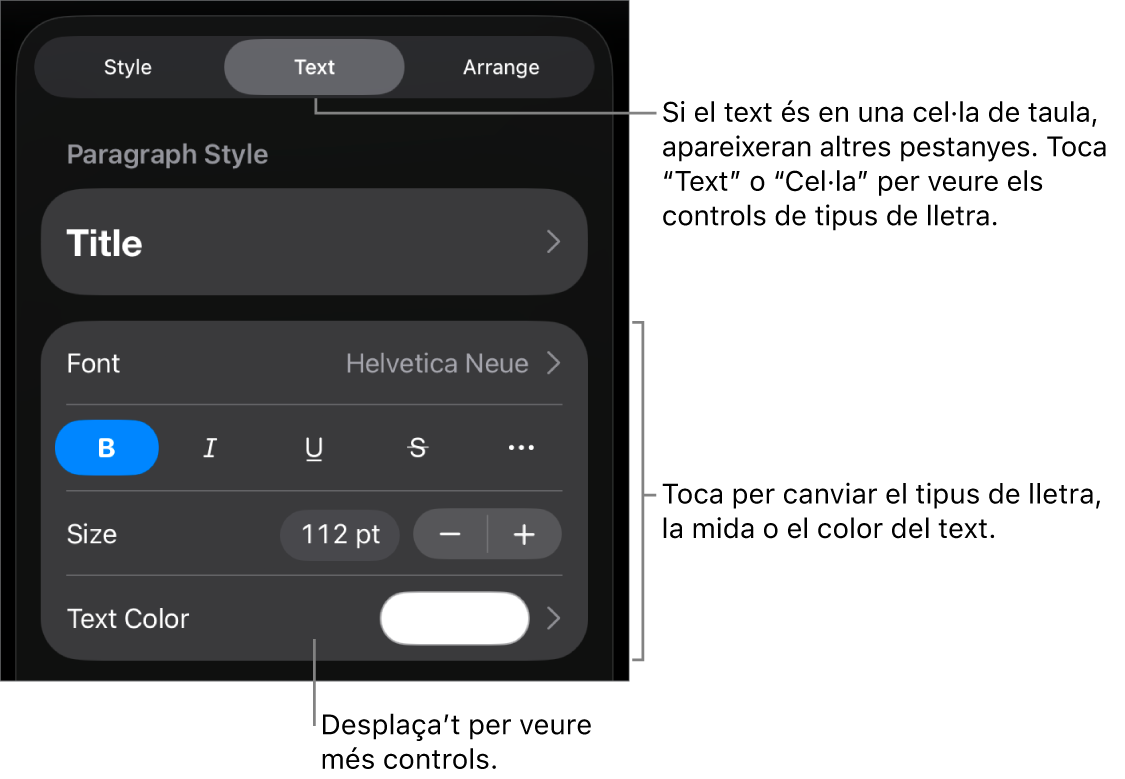 Controls de text al menú Format per definir els estils de paràgraf i de caràcter, el tipus de lletra, la mida i el color.
