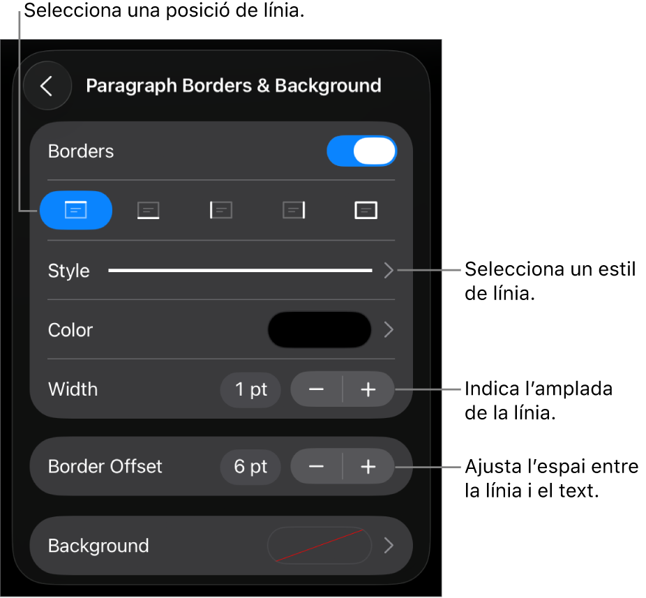 Controls per canviar l’estil, el gruix, la posició i el color de la línia.