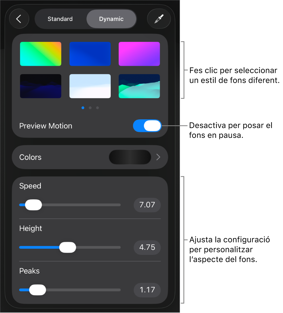 Controls de fons dinàmic on es mostren les miniatures de l’estil de fons, el botó “Previsualitza el moviment” i controls de personalització.