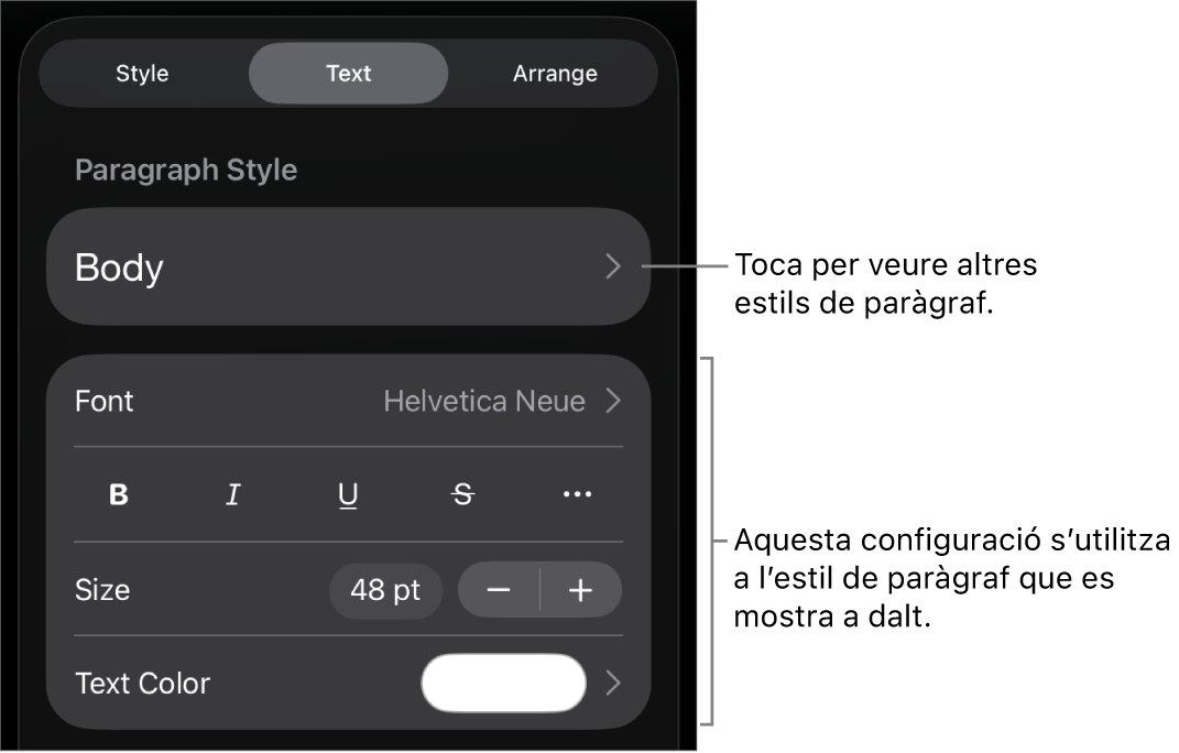 El menú Format amb els controls de text per definir els estils de paràgraf i de caràcter, el tipus de lletra, la mida i el color.