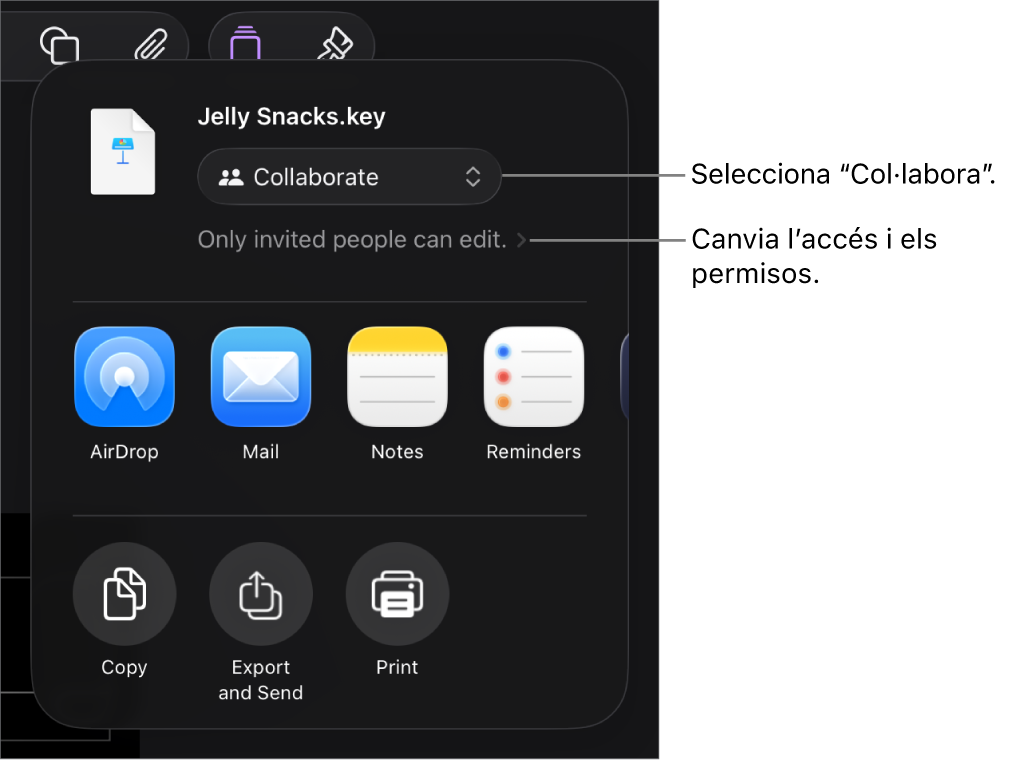Menú “Comparteix” amb l’opció “Col·labora” seleccionada a la part superior i la configuració dels permisos a sota.