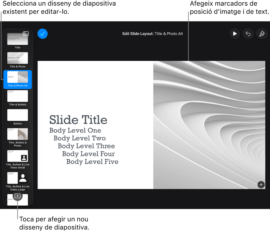 Un disseny de diapositiva mostrat al llenç de la diapositiva, amb el botó “Afegeix un disseny de diapositiva” a la part inferior del navegador de diapositives.