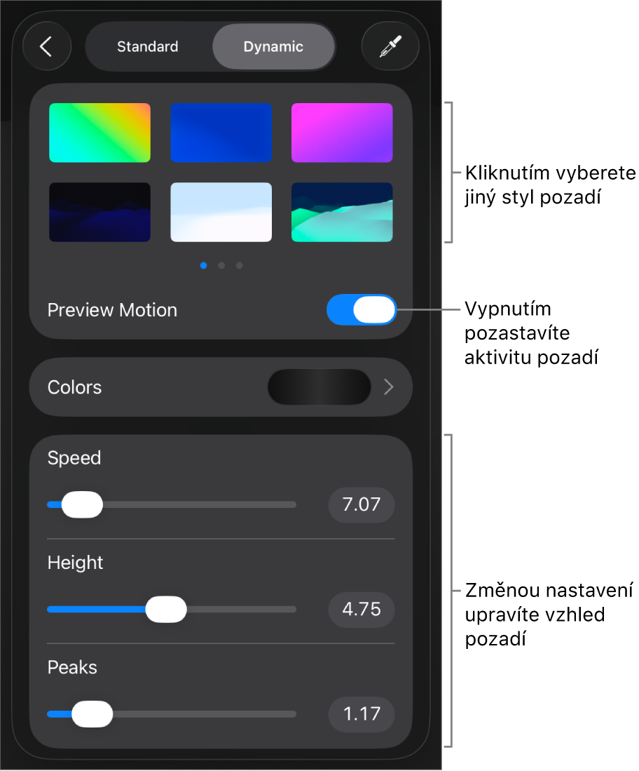 Ovládací prvky pro dynamická pozadí s miniaturami stylů pozadí, tlačítkem Náhled pohybu a ovládacími prvky pro přizpůsobení