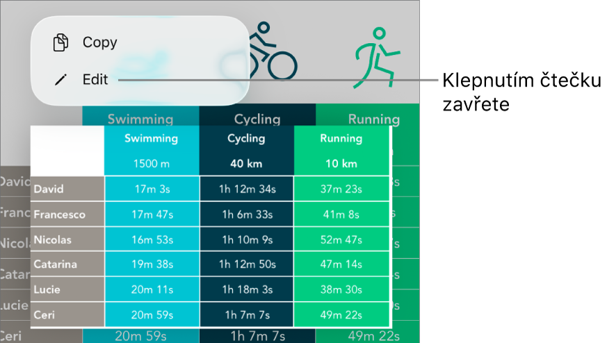 Je vidět vybraná buňka tabulky; nad ní se nachází nabídka s tlačítky Kopírovat a Upravit