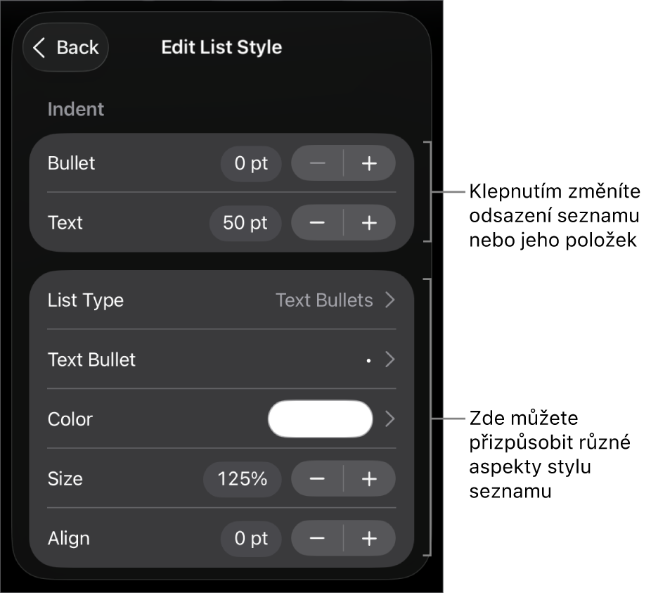 Nabídka „Upravit styl seznamu“ s ovládacími prvky pro úpravu typu a vzhledu seznamu