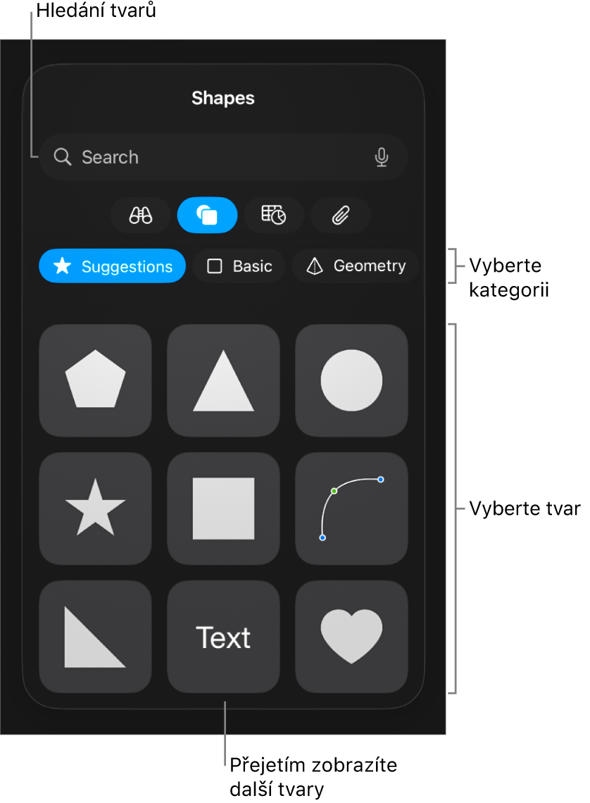 Knihovna tvarů. Nahoře jsou uvedeny kategorie, pod nimi tvary. Pomocí pole hledání v horní části můžete vyhledat požadované tvary. Přejetím zobrazíte další tvary.