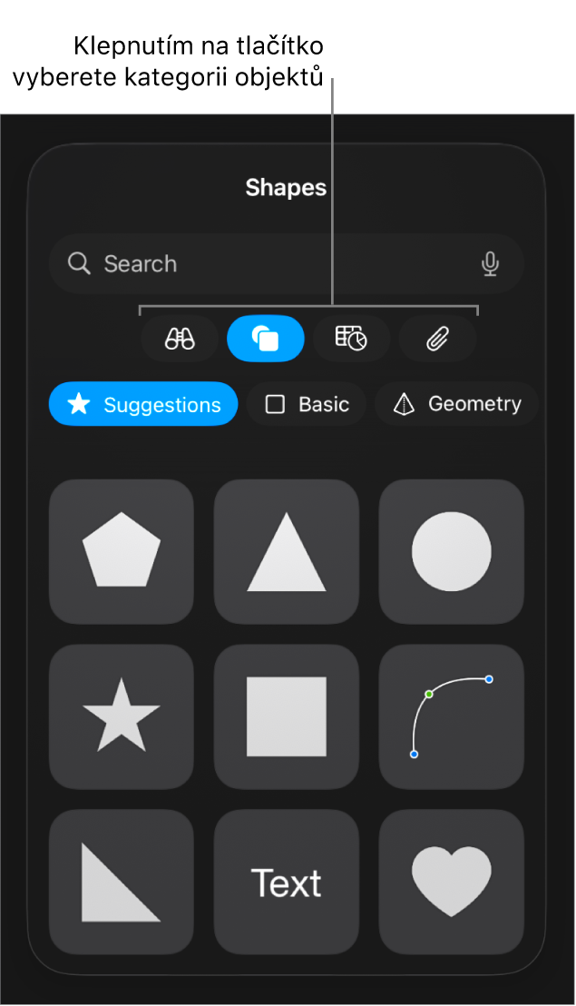 Ovládací prvky pro přidání objektu. V horní části se nacházejí tlačítka sloužící k výběru tabulek, grafů, tvarů (včetně čar a textových rámečků) a médií.