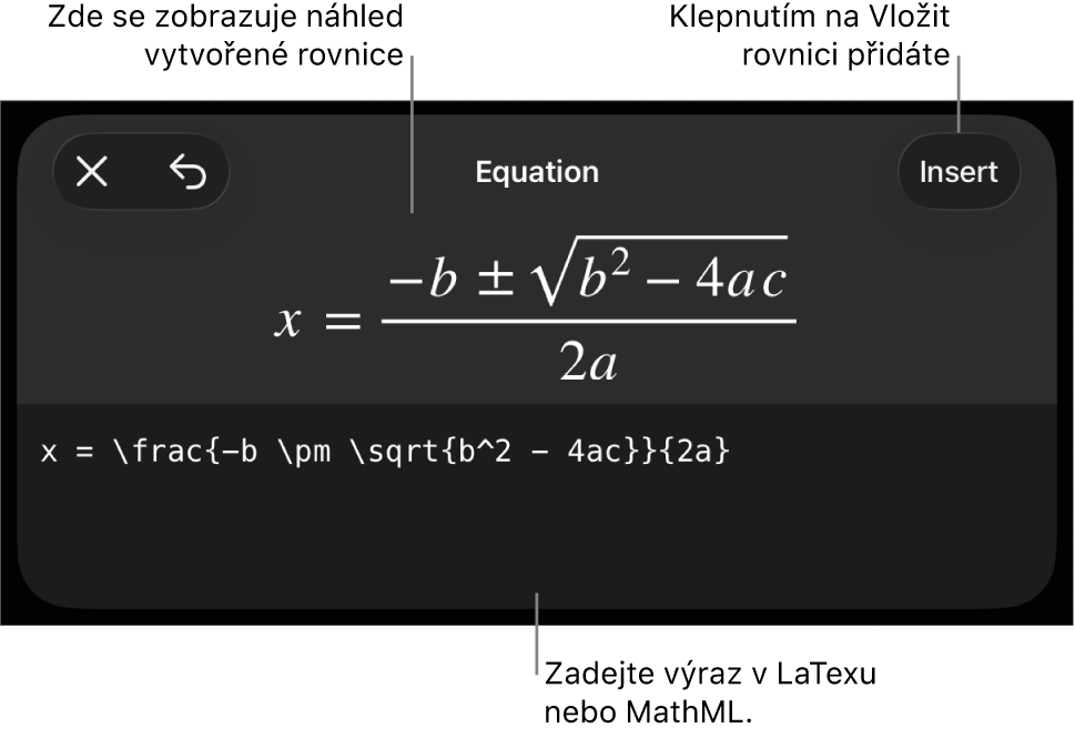 Dialogové okno Rovnice, v němž se zobrazuje zápis rovnice pomocí příkazů jazyka MathML a nad ním náhled výsledného vzorce