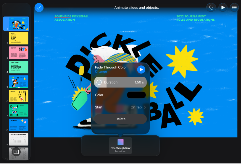 Aplikace Keynote s ovládacími prvky Přechod v dolní části obrazovky