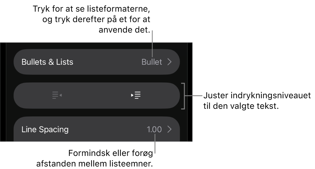 Området Punkter & lister under betjeningsmulighederne til format med billedforklaringer til Punkter & lister, knapperne Ryk ind og Ryk ud og betjeningsmulighederne til linjeafstand.