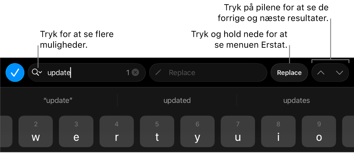 Betjeningsmulighederne til Find & erstat over tastaturet med billedforklaringer til knapperne Søgeindstillinger, Erstat, Gå op og Gå ned.