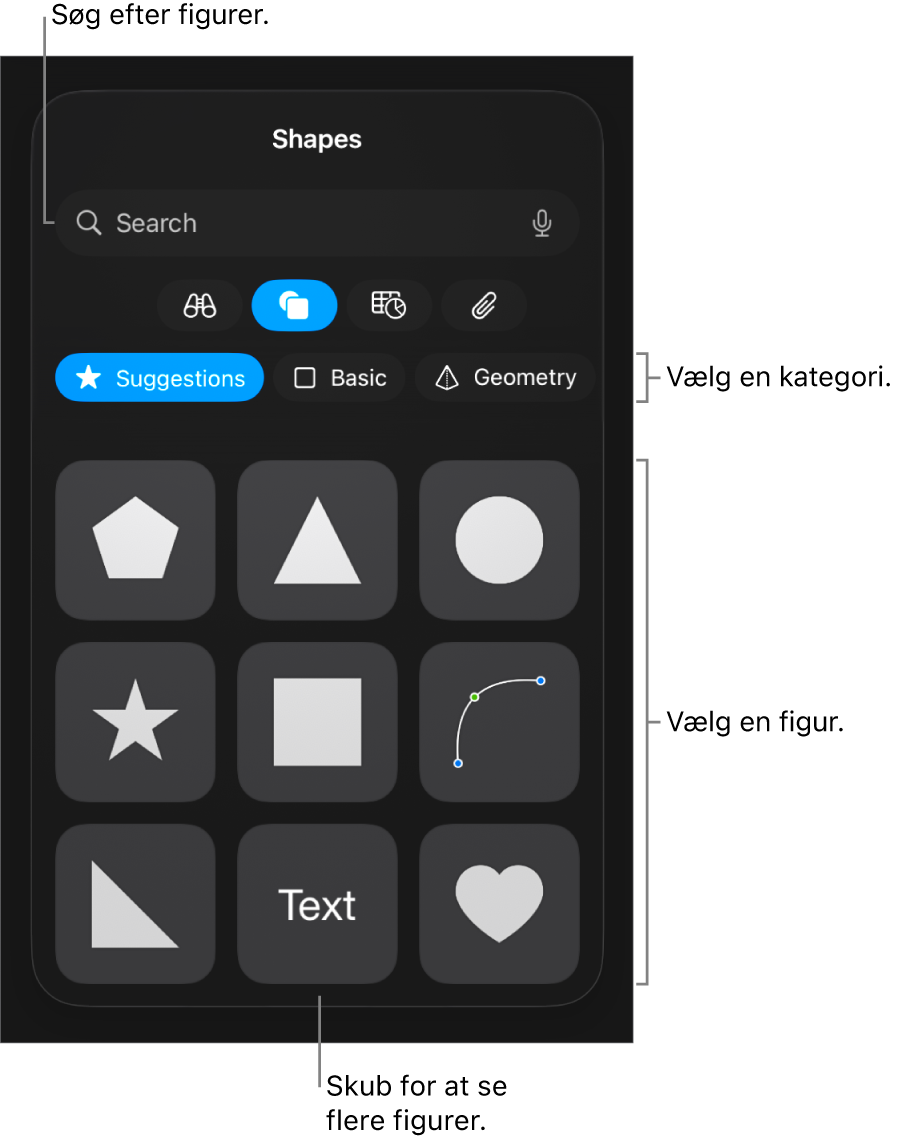 Figurbiblioteket med kategorier øverst og figurer vist nedenunder. Du kan bruge søgefeltet øverst til at finde figurer og skubbe for at se flere.