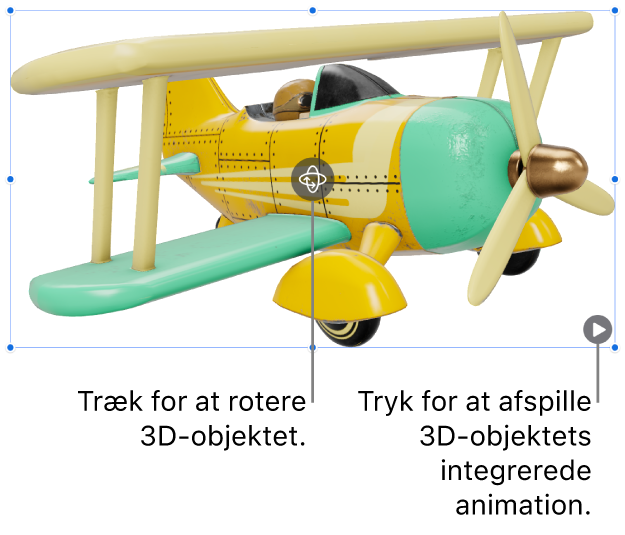 Et 3D-objekt med knappen Roter i midten af objektet, og knappen Afspil i det nederste højre hjørne.