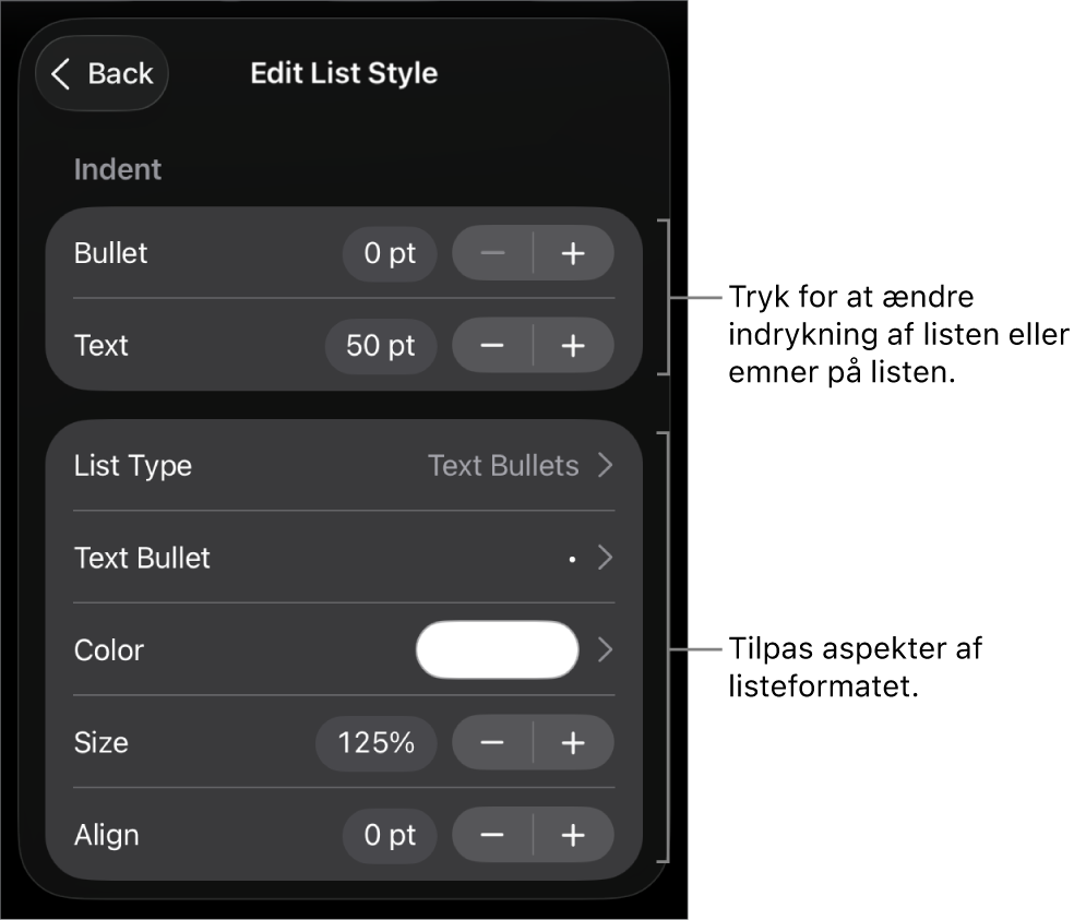 Menuen Rediger listeformat med betjeningsmuligheder til redigering af listens type og udseende.