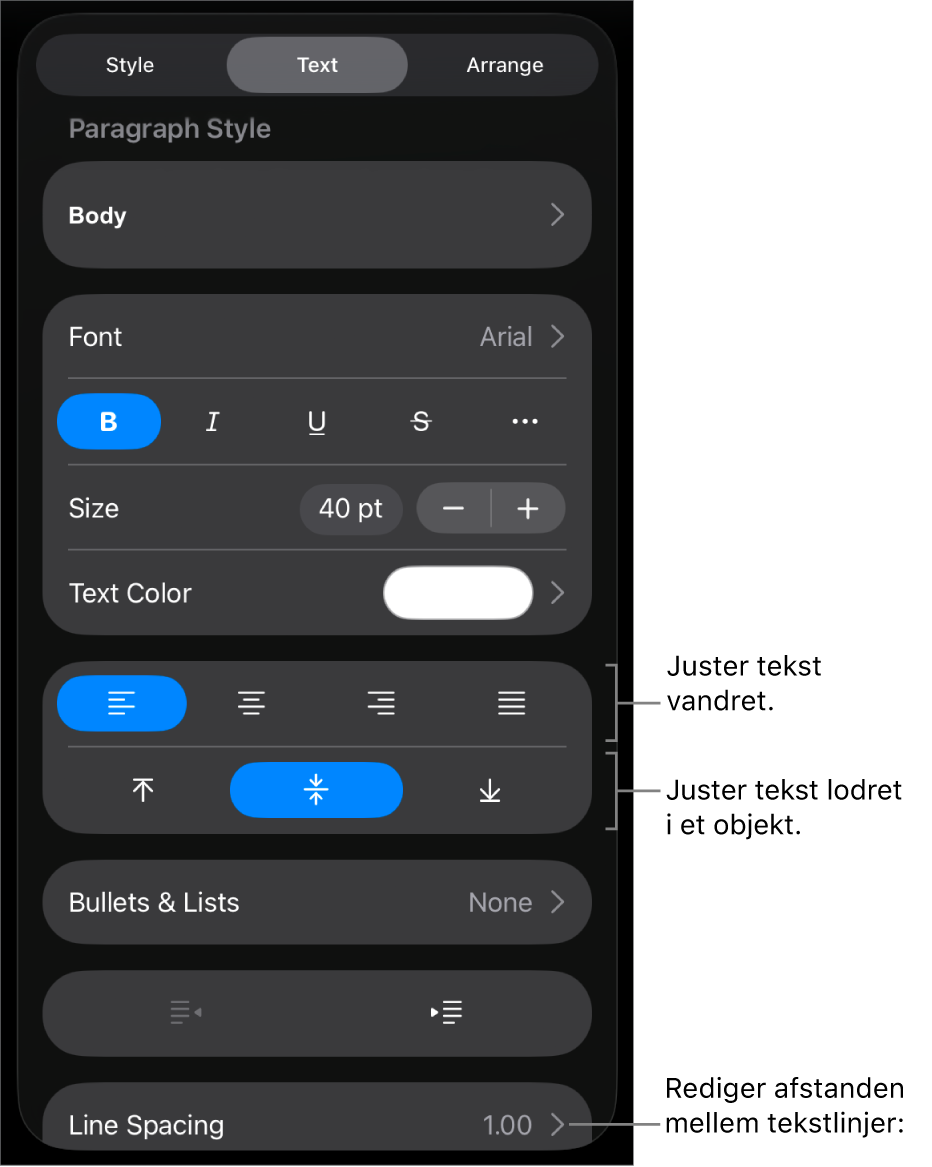 Vinduet Layout med billedforklaringer til knapperne til justering af tekst og afstand.