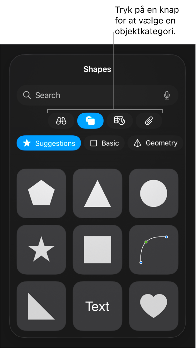 Betjeningsmulighederne til tilføjelse af et objekt med knapper øverst til valg af tabeller, diagrammer, figurer (herunder streger og tekstfelter) og medier.