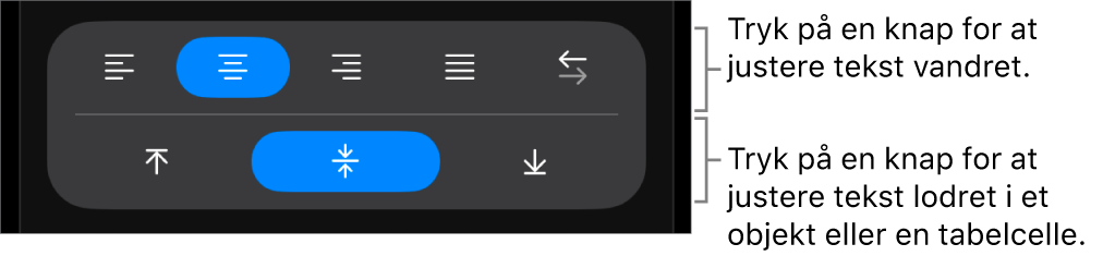 Vandrette og lodrette justeringsknapper til tekst.