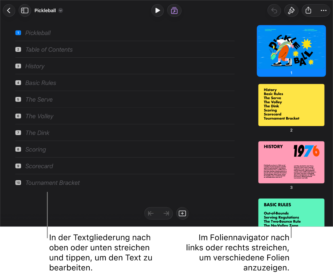 Die Gliederungsansicht mit der Textgliederung einer Präsentation auf der linken Bildschirmseite und dem vertikalen Foliennavigator auf der rechten Seite.