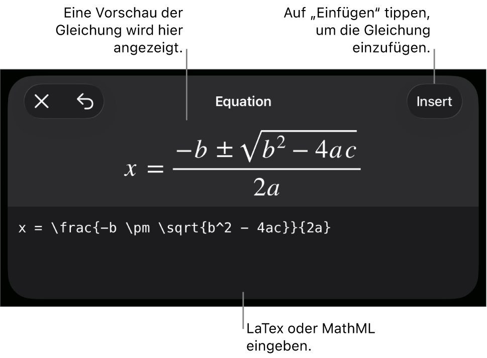 Im Dialogfenster „Gleichung“ wird eine Gleichung angezeigt, die mit MathML-Befehlen geschrieben wurde, darüber wird eine Vorschau der Formel angezeigt.