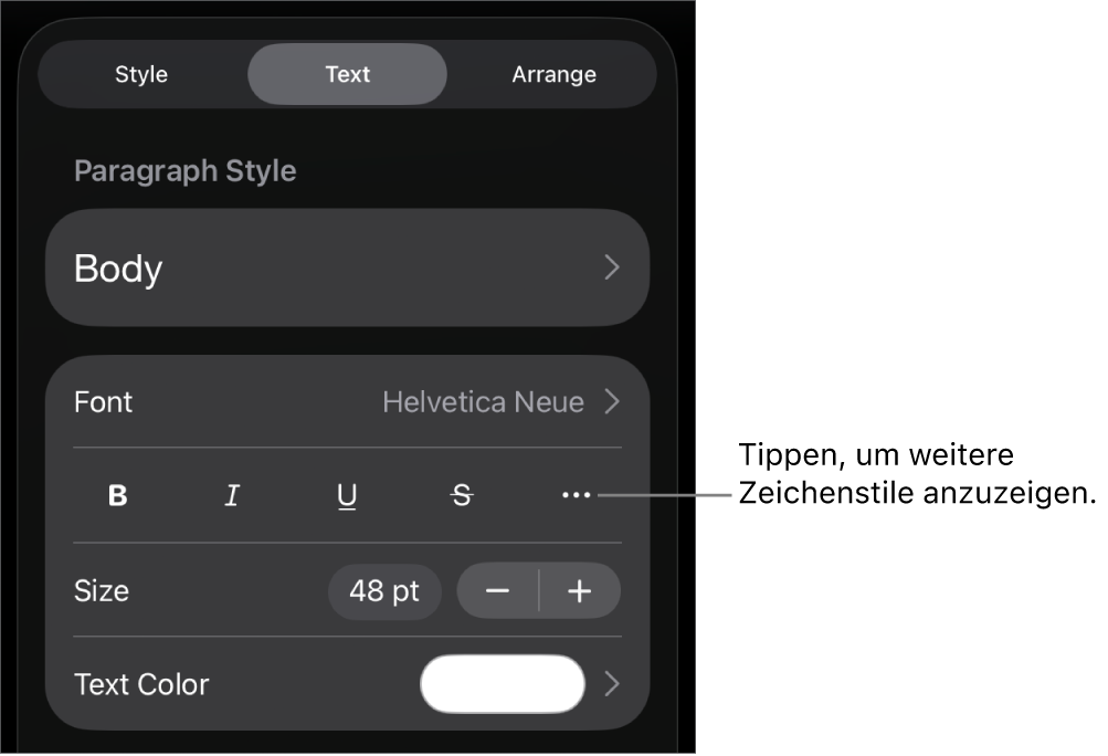Die Steuerelemente für das Format mit Absatzstilen oben, dann die Steuerelemente für die Schrift. Unter „Schrift“ befinden sich die Tasten „Fett“, „Kursiv“, „Unterstrichen“, „Durchgestrichen“ und „Weitere Textoptionen“.