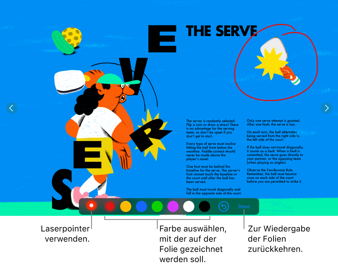 Eine Folie im Illustrationsmodus mit dem Laserpointer und Steuerelementen zur Auswahl der Farbe