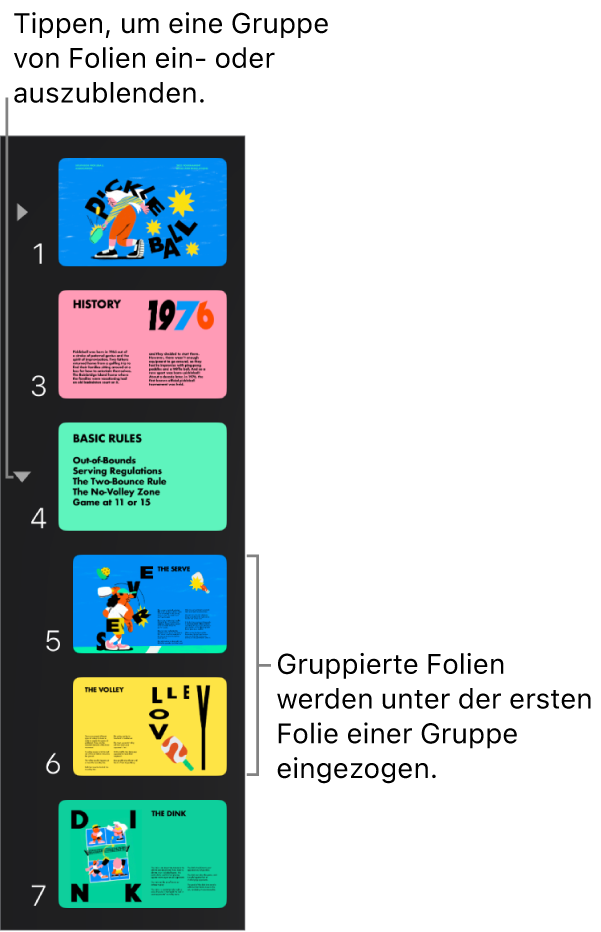 Foliennavigator mit eingerückten Folien