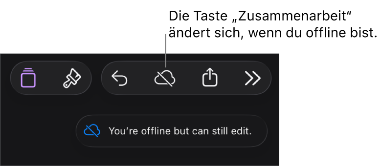 Die Tasten oben auf dem Bildschirm, darunter die Taste „Zusammenarbeit“, die als mit einer diagonalen Linie durchgestrichenen Wolke dargestellt wird. Ein Hinweis auf dem Bildschirm besagt, dass du offline bist, aber weiterhin arbeiten kannst.