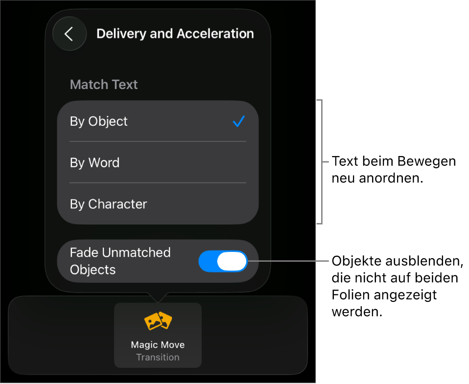 Ablauf- und Beschleunigungsoptionen für „Zauberei“ im Bereich „Beschleunigung