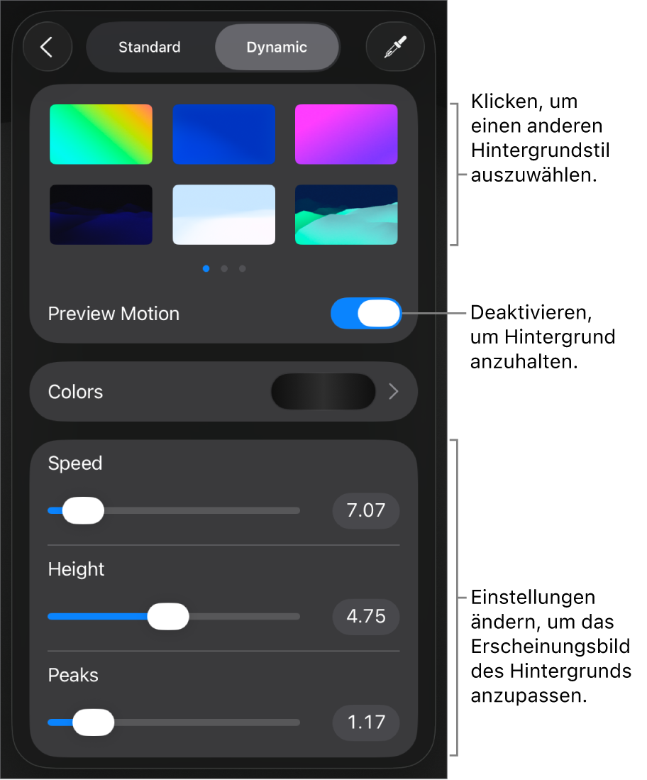 Die Steuerelemente für den dynamischen Hintergrund mit den Miniaturen der Hintergrundstile, der Taste „Bewegungsvorschau“ und Anpassungsoptionen.