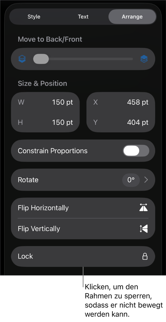 Die Steuerelemente „Anordnen“ im Menü „Format“ und die Taste „Schützen“ ist markiert