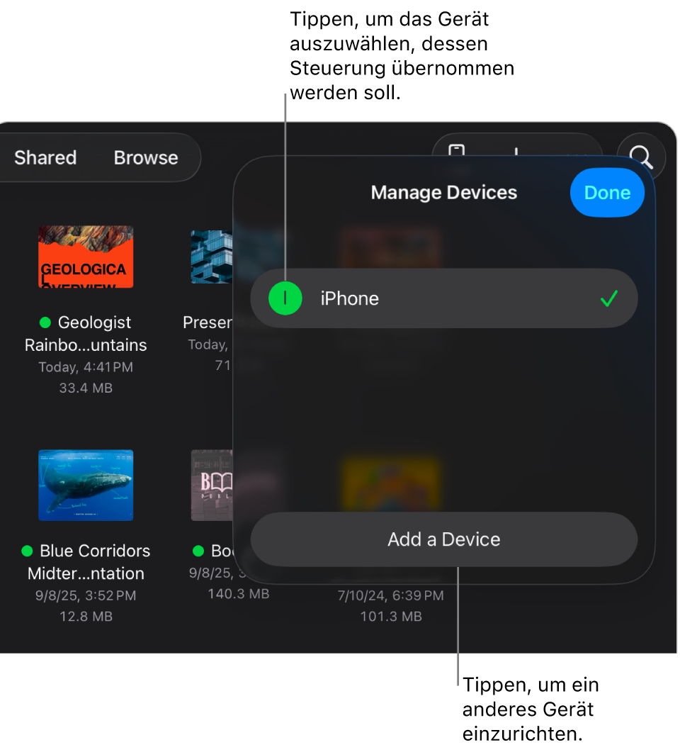 Das Einblendmenü „Geräte verwalten“ mit dem Link „Gerät hinzufügen“.