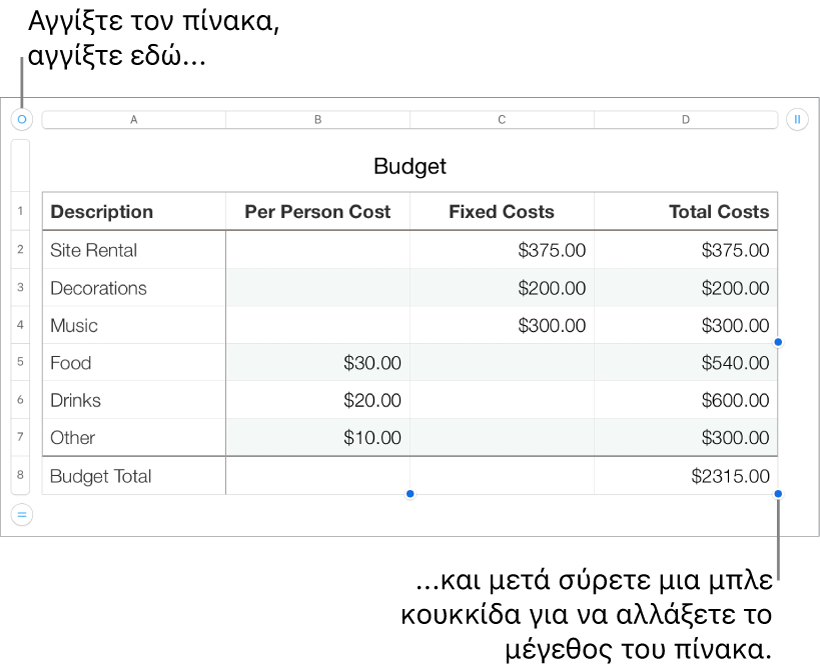 Επιλεγμένος πίνακας με μπλε κουκκίδες για αλλαγή μεγέθους.