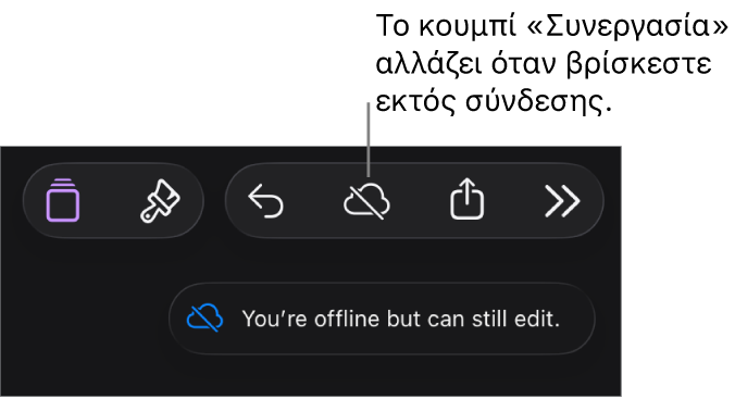 Τα κουμπιά στο πάνω μέρος της οθόνης, και το κουμπί «Συνεργασία» έχει αλλάξει σε σύννεφο με μια διαγώνια γραμμή που το διαπερνά. Μια ειδοποίηση στην οθόνη που λέει «Είστε εκτός σύνδεσης αλλά μπορείτε να κάνετε αλλαγές».