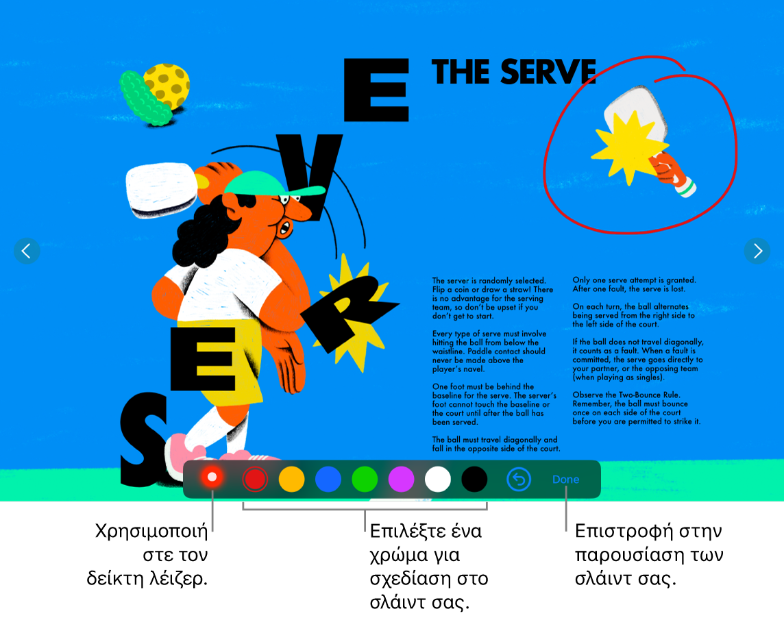 Η λειτουργία απεικόνισης ενός σλάιντ μέσα σε άλλο δείχνει τον δείκτη λέιζερ και στοιχεία ελέγχου επιλογής χρωμάτων.